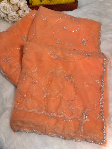peach Net Saree with Cutdana Handwork and Scalloped Border – Jyoti Sarees