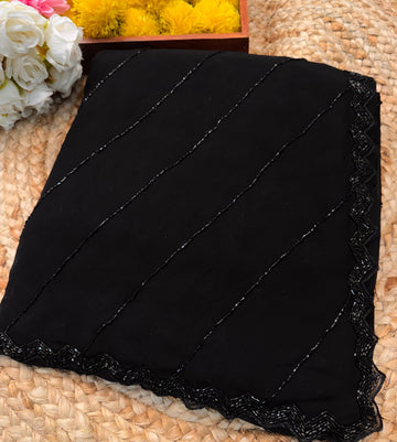 Black georgette saree with black chevron bead embroidery and zig-zag border – Jyoti Sarees