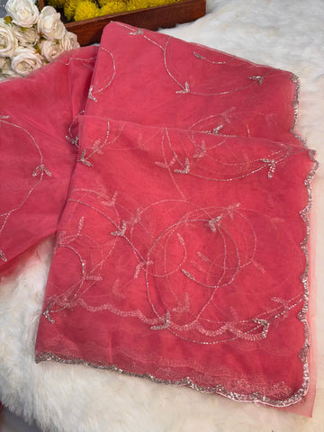 Pink Net Saree with Cutdana Handwork and Scalloped Border – Jyoti Sarees
