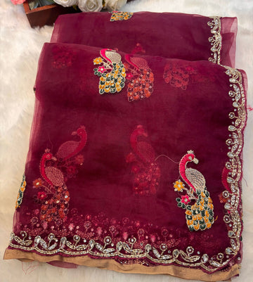 Dusty mauve glass tissue saree with peacock embroidery and unstitched blouse β Jyoti Sarees
