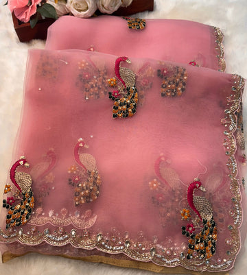 Dusty mauve glass tissue saree with peacock embroidery and unstitched blouse β Jyoti Sarees