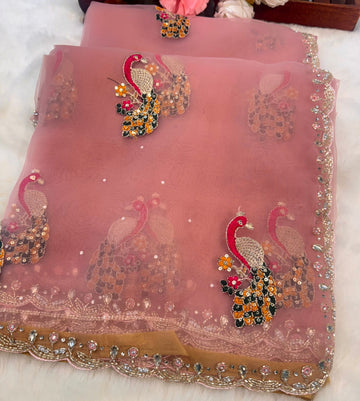 Dusty mauve glass tissue saree with peacock embroidery and unstitched blouse β Jyoti Sarees