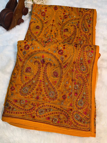 Kashmiri embroidery georgette saree in yelloe with traditional paisley motifs – Jyoti Sarees