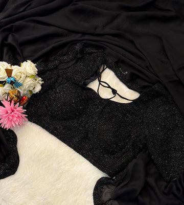 Black Rangoli silk saree with hand-beaded scallop border and stitched blouse – Jyoti Sarees