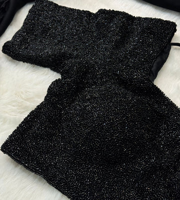 Black Rangoli silk saree with hand-beaded scallop border and stitched blouse – Jyoti Sarees