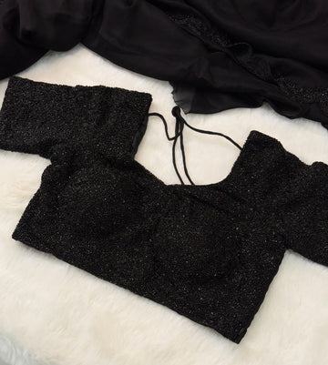 Black Rangoli silk saree with hand-beaded scallop border and stitched blouse – Jyoti Sarees