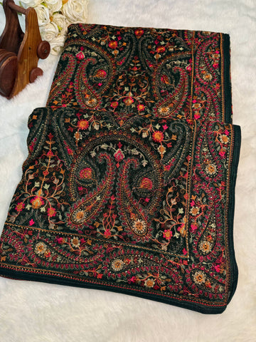 Kashmiri embroidery georgette saree in green with traditional paisley motifs – Jyoti sarees