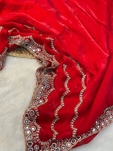 Red Fendy silk saree with mirror and wavy stone embroidery on scalloped border β Jyoti Sarees