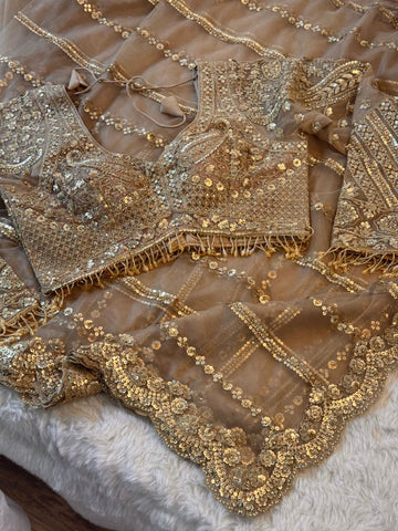 Golden net saree with stitched heavy blouse featuring sequin and floral embroidery, champagne gold tone