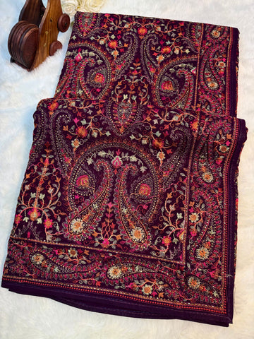 Kashmiri embroidery georgette saree in purple
with traditional paisley motifs – Jyoti Sarees