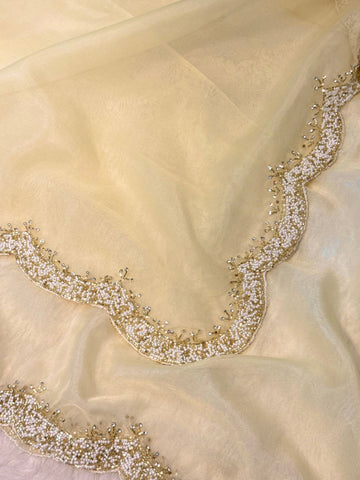 Organza saree featuring delicate scalloped pearl beadwork border with matching unstitched heavy blouse embellished in intricate pearl detailing – ideal for festive and wedding wear.
