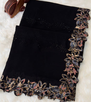 Applique floral work with cutdana highlights