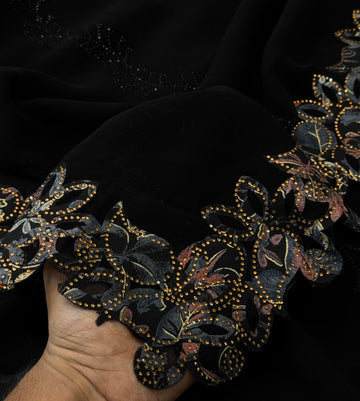 Black georgette saree with applique floral border