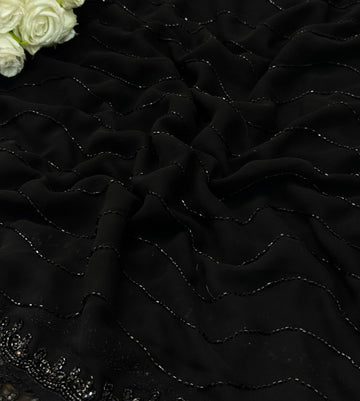 Black georgette saree with wavy cutdana handwork and scallop bead border – Jyoti Sarees