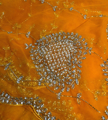 Net saree with full jaal embroidery, pearl and stone work โ available in yellow, rani pink, red, peach, and lavender. Matching blouse included