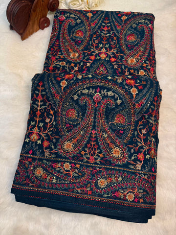 Kashmiri embroidery georgette saree in blue with traditional paisley motifs – Jyoti Sarees