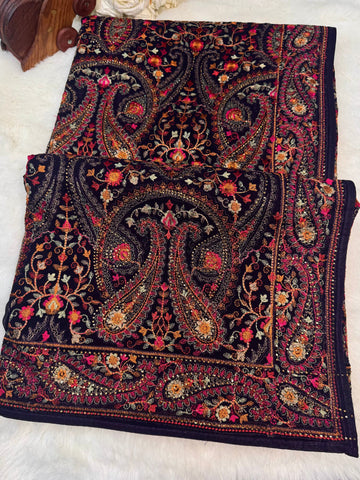 Kashmiri embroidery georgette saree in purple with traditional paisley motifs – Jyoti Sarees