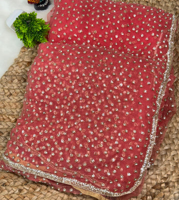 Glass tissue saree with intricate silver samosa handwork and scalloped sequin border, available in elegant pastel and jewel-tone shades