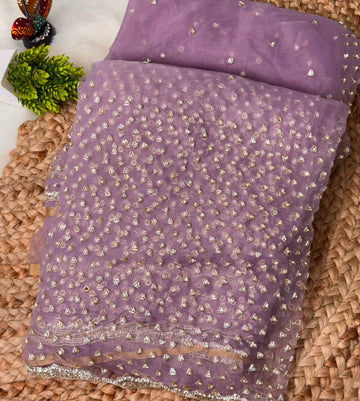 Glass tissue saree with intricate silver samosa handwork and scalloped sequin border, available in elegant pastel and jewel-tone shades