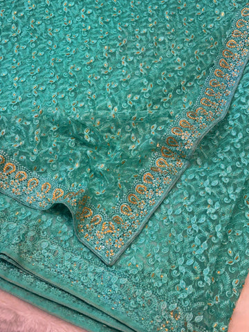 "Elegant net saree with intricate jaal embroidery and embellished border, paired with matching unstitched blouse β perfect for festive and wedding wear