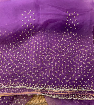 Glass tissue saree with intricate silver samosa handwork and scalloped sequin border, available in elegant pastel and jewel-tone shades