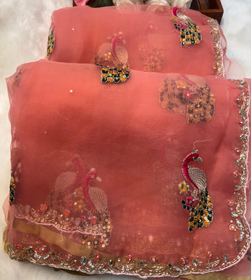 Dusty mauve glass tissue saree with peacock embroidery and unstitched blouse β Jyoti Sarees