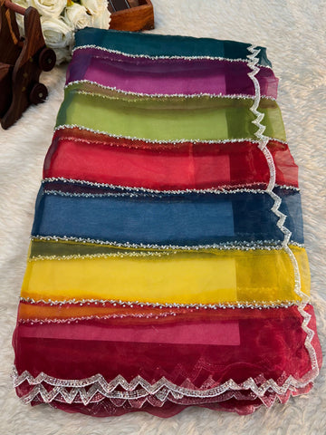 Premium multicolor tissue saree with unstitched blouse β perfect for festive and party occasions