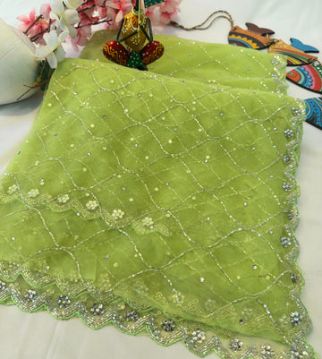 Sequin Bloom Net Saree with floral work and silver scalloped border