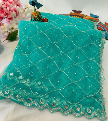 Sequin Bloom Net Saree with floral work and silver scalloped border