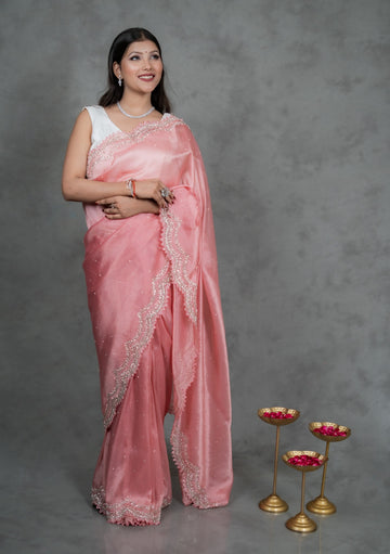 Chandaniya Silk Saree with Hand Embellished Stone Border β Jyoti Sarees