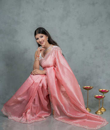 Chandaniya Silk Saree with Hand Embellished Stone Border β Jyoti Sarees