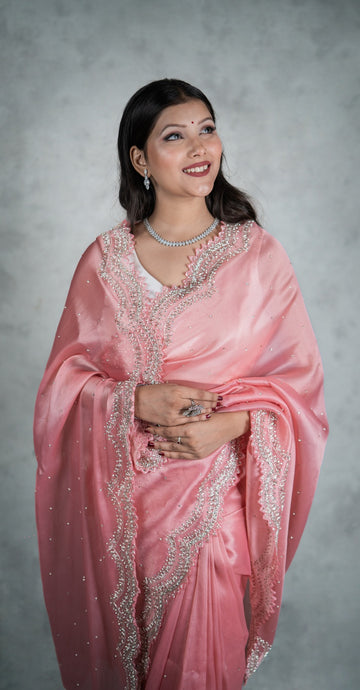 Chandaniya Silk Saree with Hand Embellished Stone Border β Jyoti Sarees