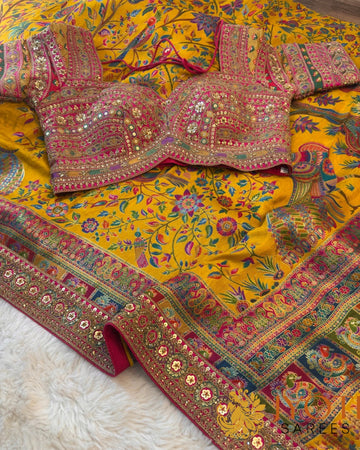 Mustard yellow Pashmina silk saree with multicolor peacock embroidery and ready-made zari-cutdana blouse from Jyoti Sarees