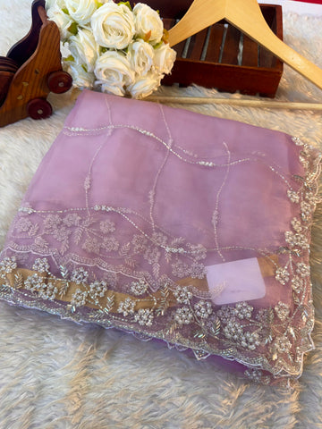 Levender Crystal tissue saree with white pearl and cutdana handwork β lightweight partywear saree by Jyoti Sarees