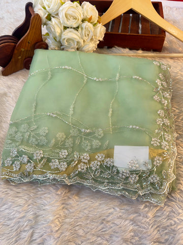 Green Crystal tissue saree with white pearl and cutdana handwork β lightweight partywear saree by Jyoti Sarees