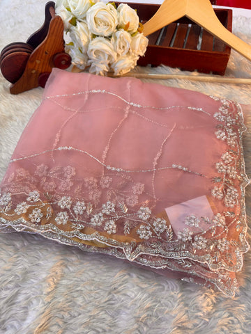 Baby Pink Crystal tissue saree with white pearl and cutdana handwork β lightweight partywear saree by Jyoti Sarees