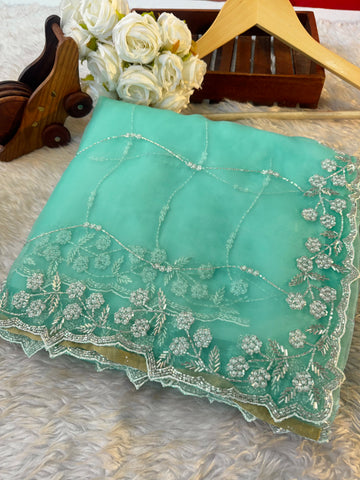 Skyblue Crystal tissue saree with white pearl and cutdana handwork β lightweight partywear saree by Jyoti Sarees