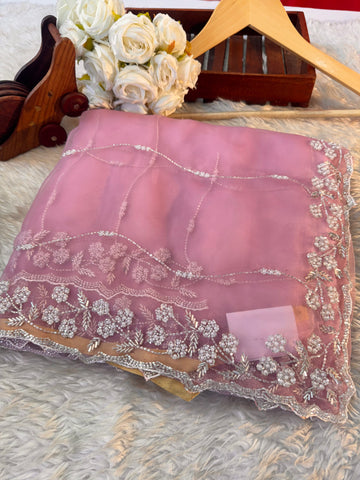 Pink Crystal tissue saree with white pearl and cutdana handwork β lightweight partywear saree by Jyoti Sarees