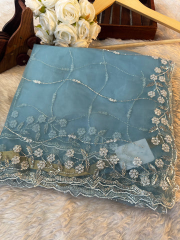 Ice Blue Crystal tissue saree with white pearl and cutdana handwork β lightweight partywear saree by Jyoti Sarees