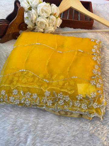 yellow Crystal tissue saree with white pearl and cutdana handwork β lightweight partywear saree by Jyoti Sarees