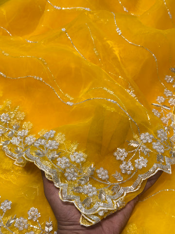 Yellow Crystal tissue saree with white pearl and cutdana handwork β lightweight partywear saree by Jyoti Sarees