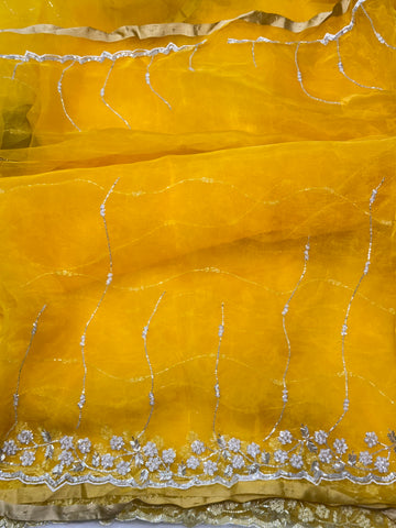 Yellow Blouse Crystal tissue saree with white pearl and cutdana handwork β lightweight partywear saree by Jyoti Sarees