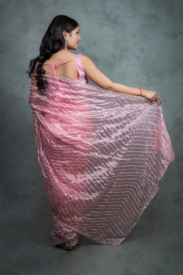 Rosewood Pink Mausam Tissue saree with diagonal hand embroidery – Jyoti Sarees