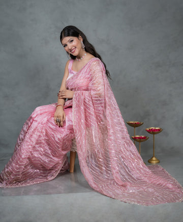 Rosewood Pink Mausam Tissue saree with diagonal hand embroidery – Jyoti Sarees