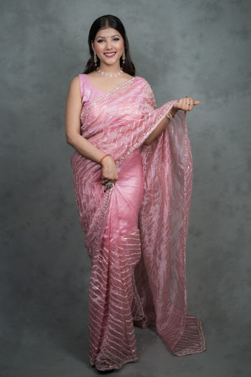 Rosewood Pink Mausam Tissue saree with diagonal hand embroidery – Jyoti Sarees