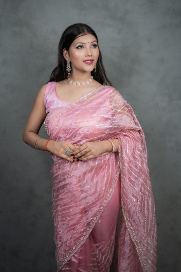 Rosewood Pink Mausam Tissue saree with diagonal hand embroidery – Jyoti Sarees