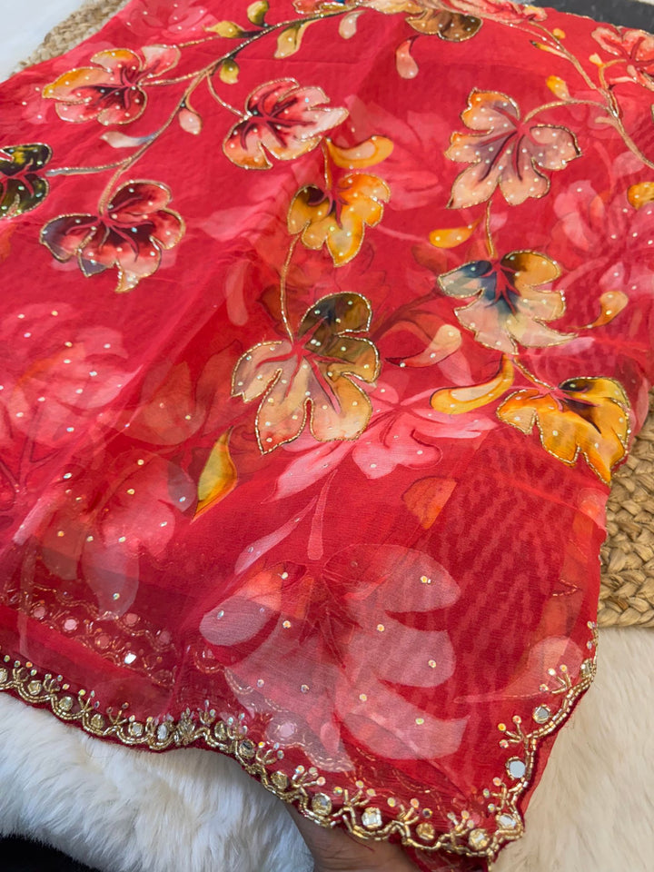 Pure Chiffon Digital Print Saree with Mirror Work Border