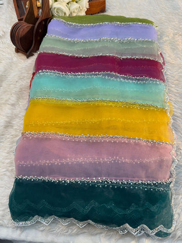 Premium multicolor tissue saree with unstitched blouse – perfect for festive and party occasions
