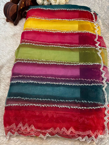 Premium multicolor tissue saree with unstitched blouse – perfect for festive and party occasions