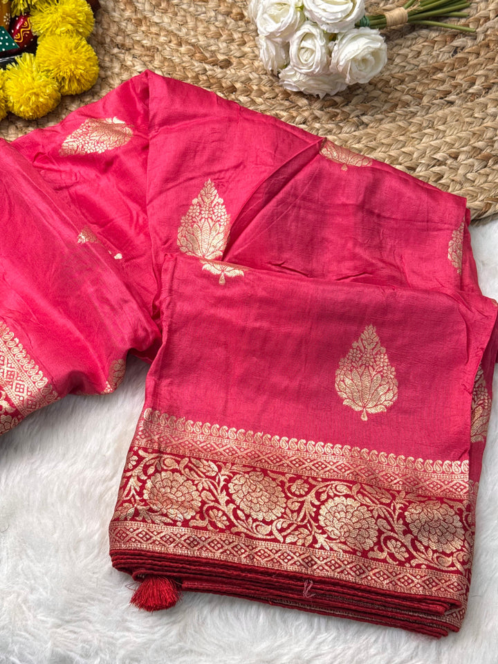 Elegant Dola Silk Saree with Golden Buttas & Rich Zari Border